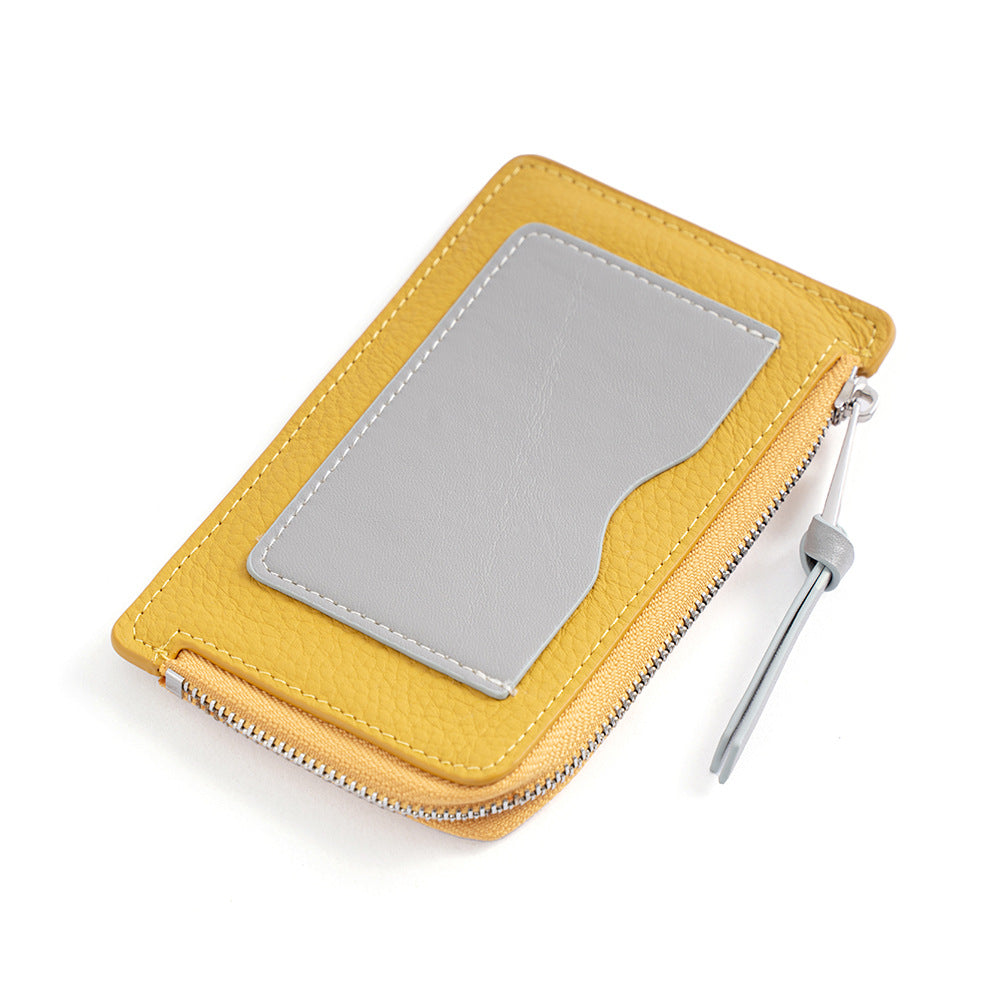 Yellow and light gray mini card holder with pebbled leather finish