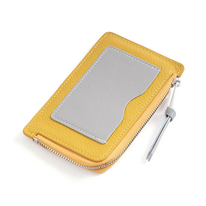 Yellow and light gray mini card holder with pebbled leather finish