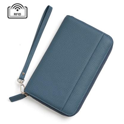Blue genuine leather RFID wallet with wrist strap on white background