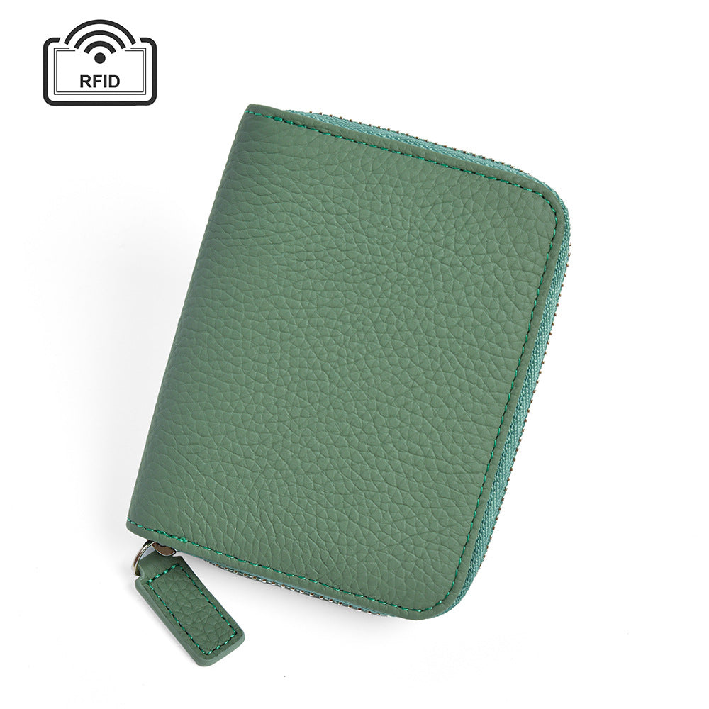 Top-Grain Cowhide Zip Wallet with RFID-Blocking Card Slots in Jade Green