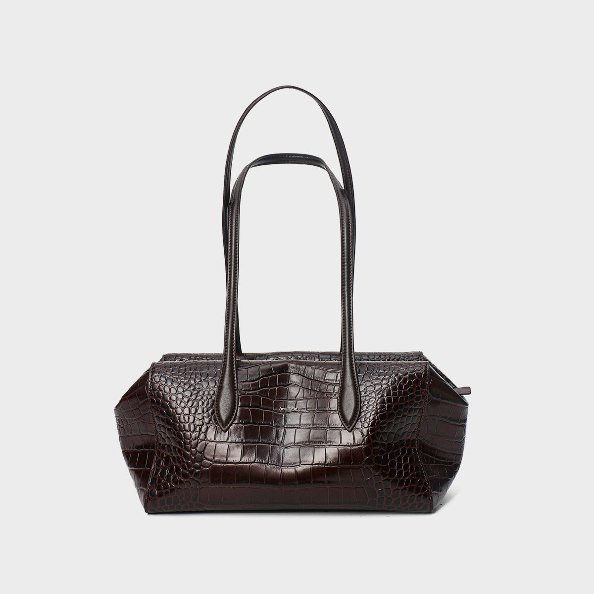 Ebony crocodile-embossed shoulder tote with stitched panels
