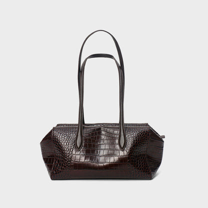 Ebony crocodile-embossed shoulder tote with stitched panels