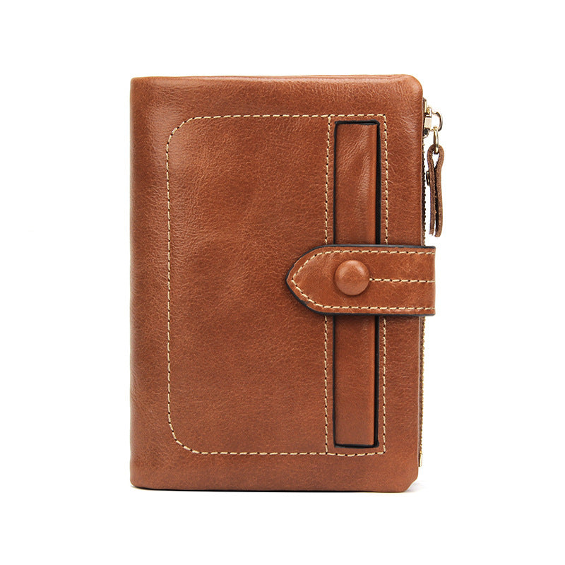 Light brown vintage cowhide leather short wallet with contrast topstitching