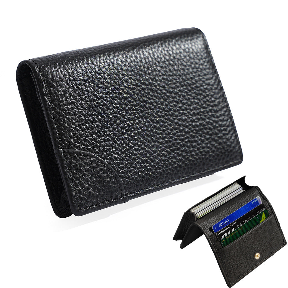 Cowhide Leather Mini Bifold Card Holder Wallet in Black