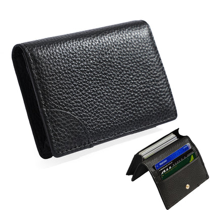 Cowhide Leather Mini Bifold Card Holder Wallet in Black
