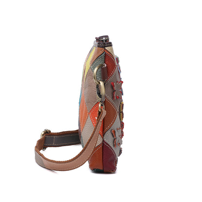 Side profile showing the bag's depth, shoulder strap, and patchwork construction