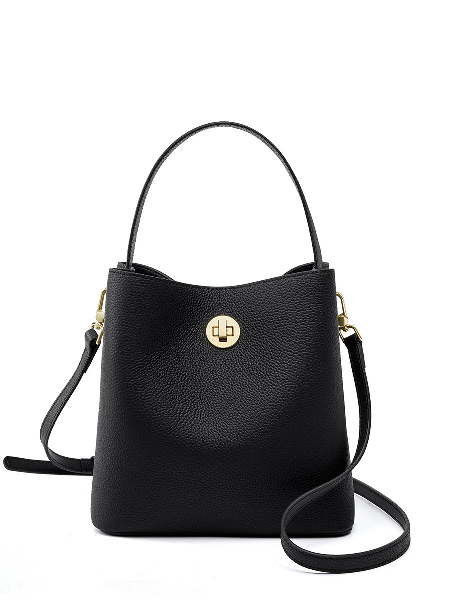 Black bucket bag front view on white background