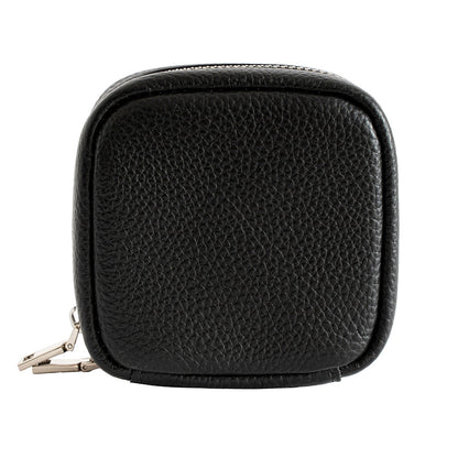 Black cowhide leather mini cosmetic pouch with zipper, front view