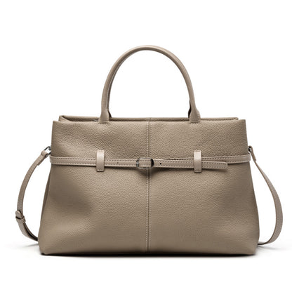 Elephant gray pebbled cowhide leather tote bag with rounded top handles