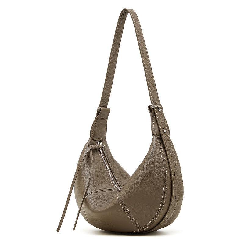 Coffee brown leather crescent shoulder bag with zip top