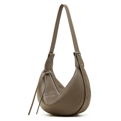 Coffee brown leather crescent shoulder bag with zip top