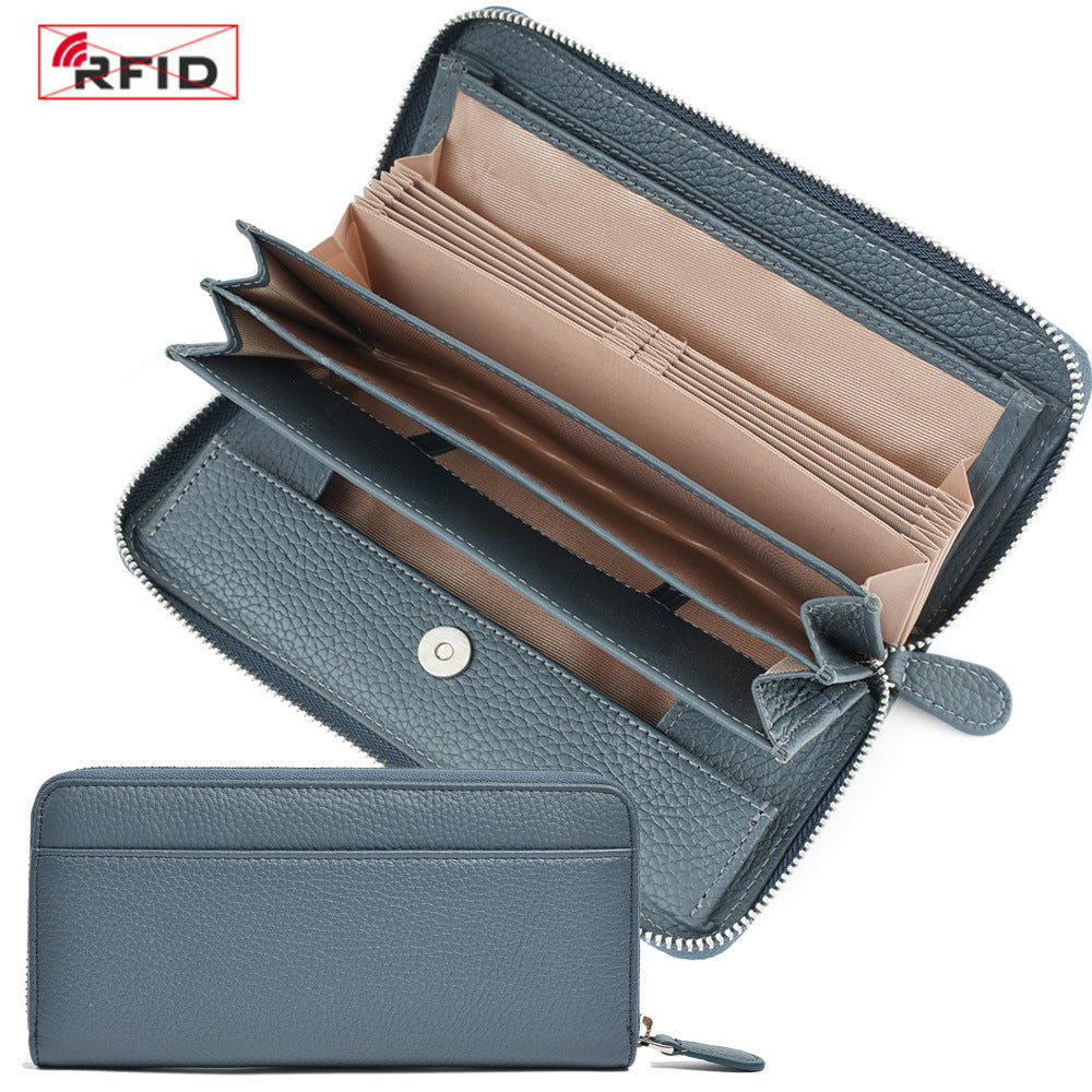 Top-Grain Cowhide Zip-Around Long Wallet with RFID Blocking in Classic - Navy Blue