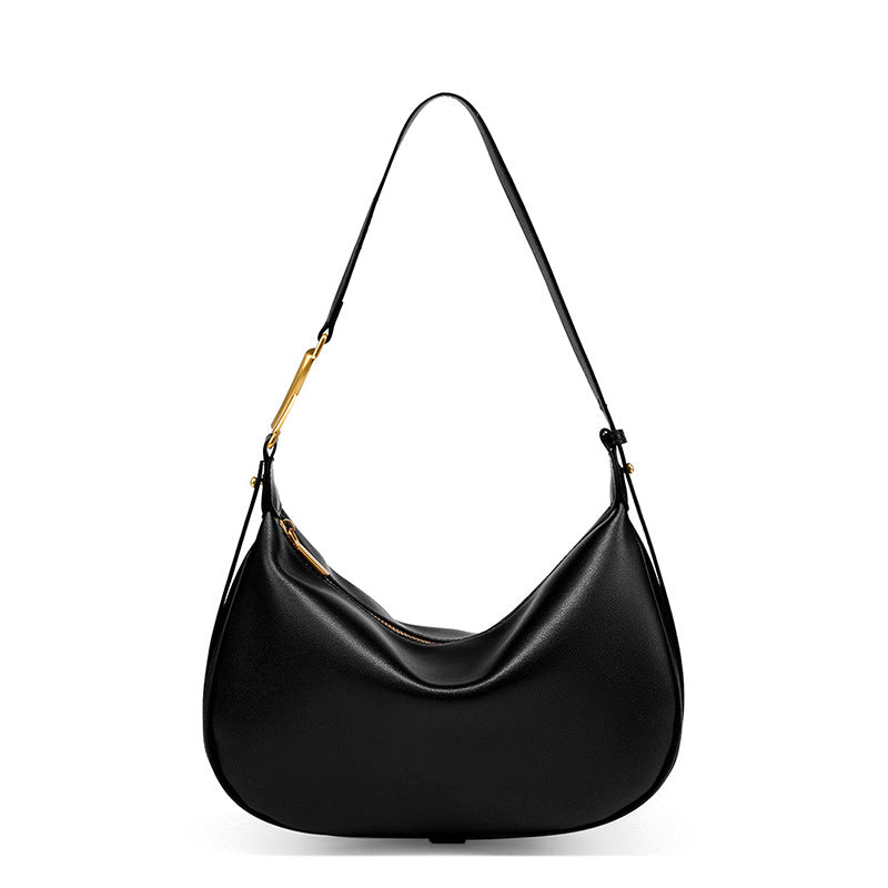 Cowhide Crescent Underarm Bag with X Buckle in Black