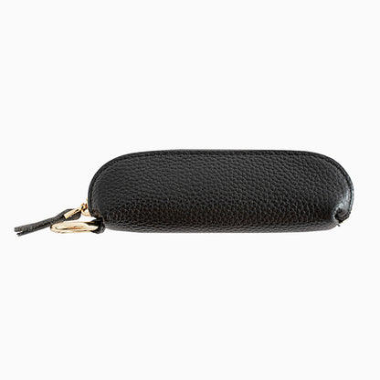 Black top-grain cowhide mini zip pouch with gold keyring clip on white background