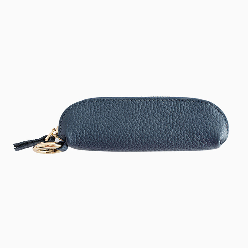 Royal blue mini leather zip pouch with gold keyring clip
