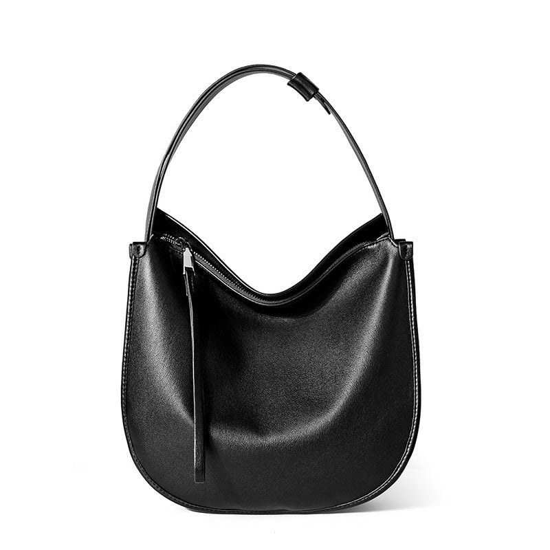 Black cowhide leather hobo shoulder bag front view on white background
