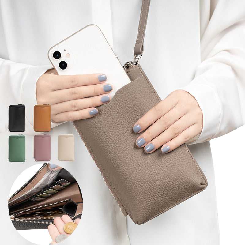 Model holding a taupe leather phone bag with color variant swatches and interior detail inset