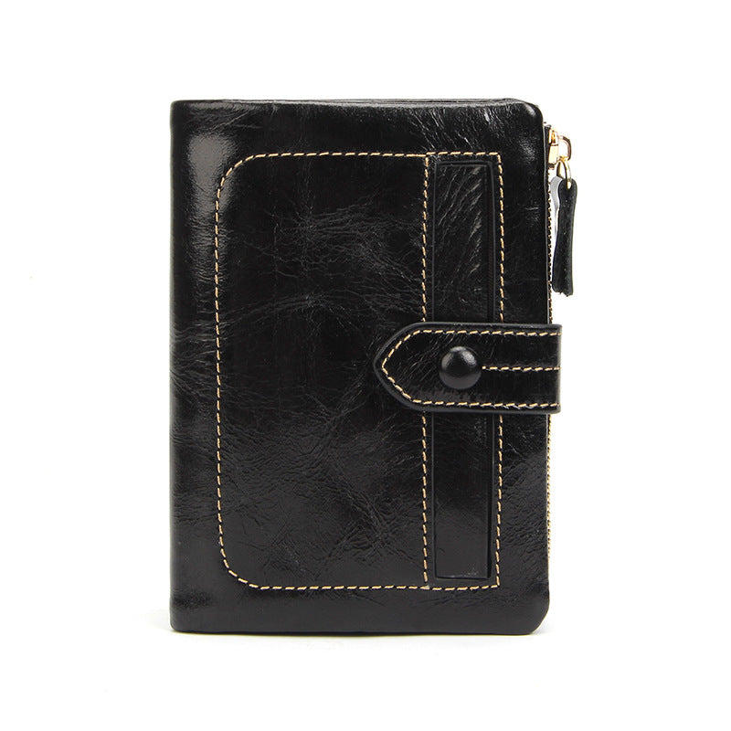 Cowhide Leather Short Wallet 12 Card Slots Zip Coin in Black