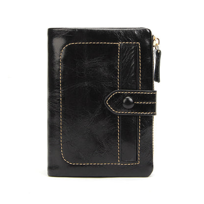 Cowhide Leather Short Wallet 12 Card Slots Zip Coin in Black