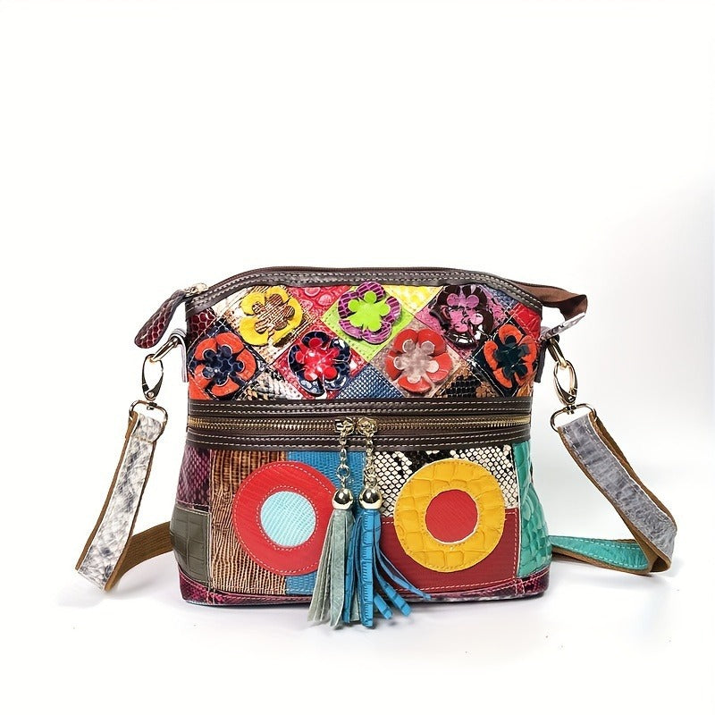 Colorful patchwork crossbody bag with flower details and shoulder strap