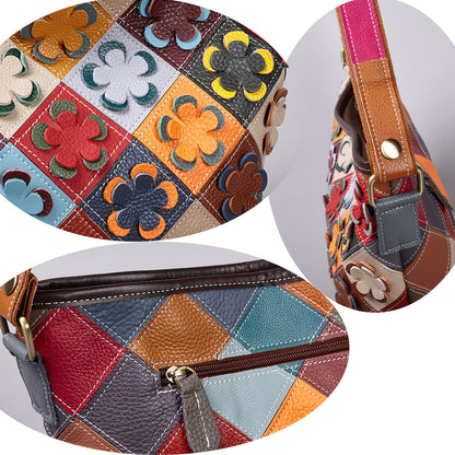 Close-up collage of flower appliques, strap attachment, and zipper