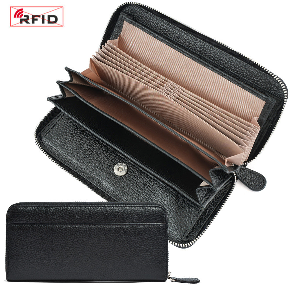Top-Grain Cowhide Zip-Around Long Wallet with RFID Blocking in Classic - Black