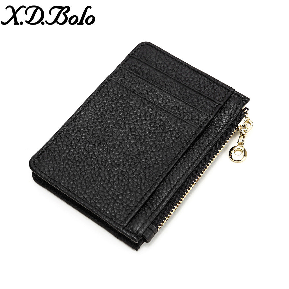 Top-Grain Cowhide Slim Card Holder with Zip Coin Pocket in Black