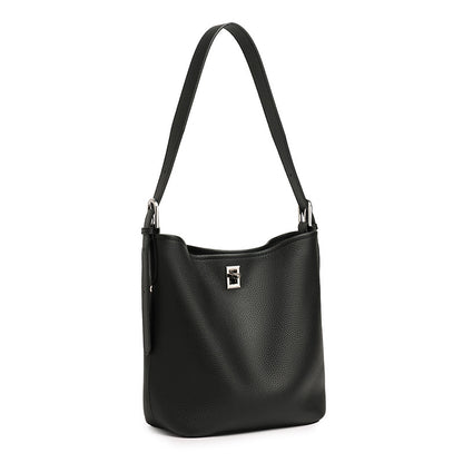 Black top-grain cowhide leather bucket bag on white background