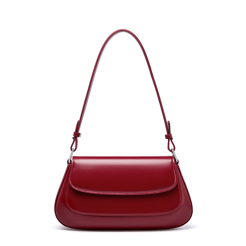Genuine Cowhide Leather Baguette Shoulder Bag in Wine Red