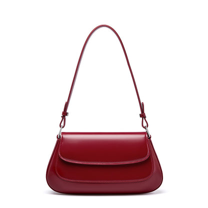 Genuine Cowhide Leather Baguette Shoulder Bag in Wine Red