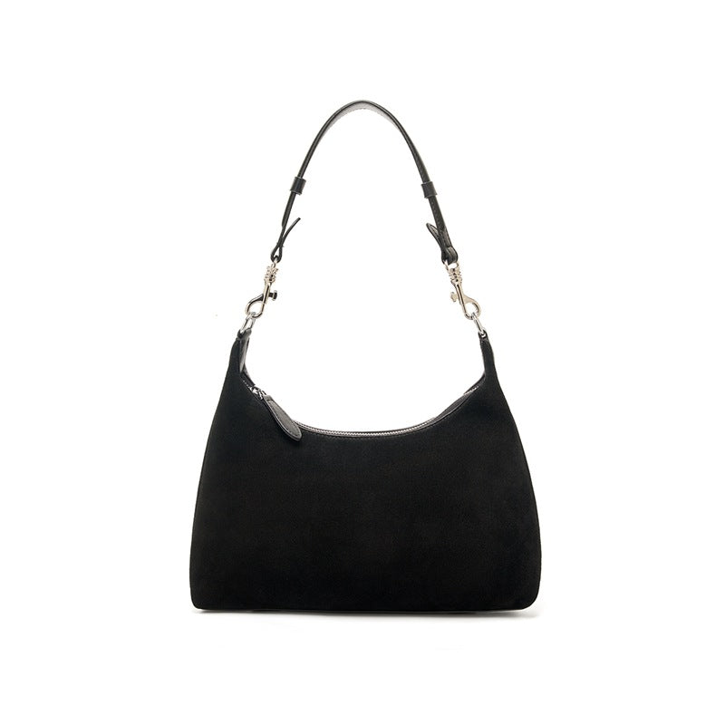 Cowhide Suede-Panel Shoulder Bag in Black, 12.2 x 3.5 x 10.2 in