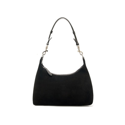 Cowhide Suede-Panel Shoulder Bag in Black, 12.2 x 3.5 x 10.2 in