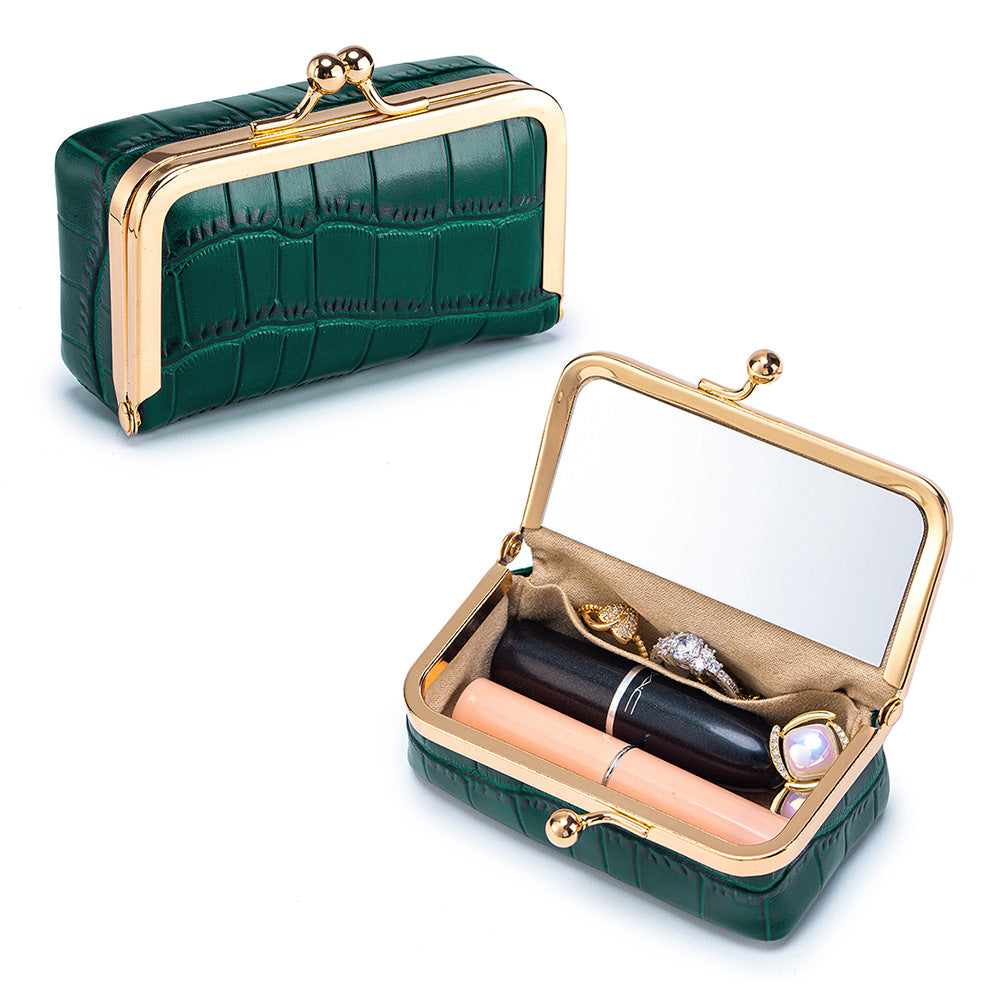 Top-Grain Cowhide Lipstick and Jewelry Pouch with Mirror in Emerald Green