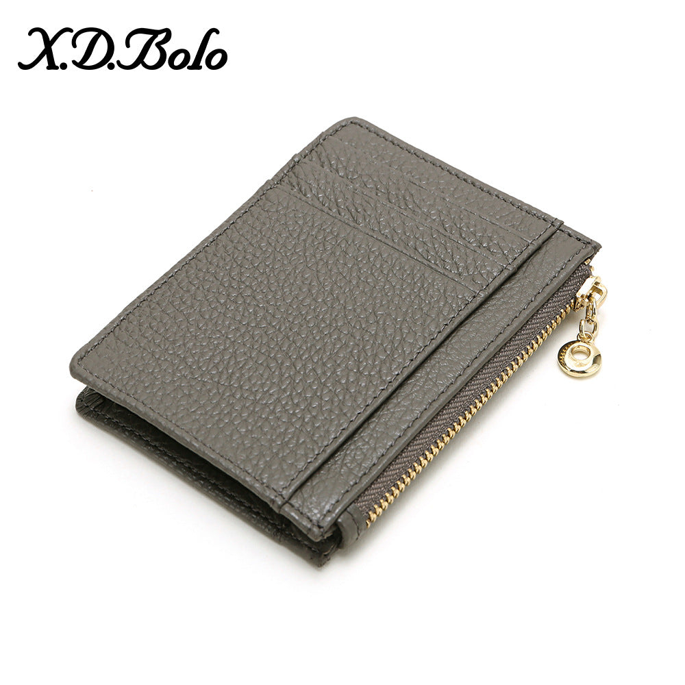 Top-Grain Cowhide Slim Card Holder with Zip Coin Pocket in Dark Gray