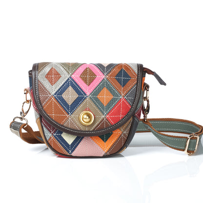 Front view of colorful diamond patchwork bag and shoulder strap