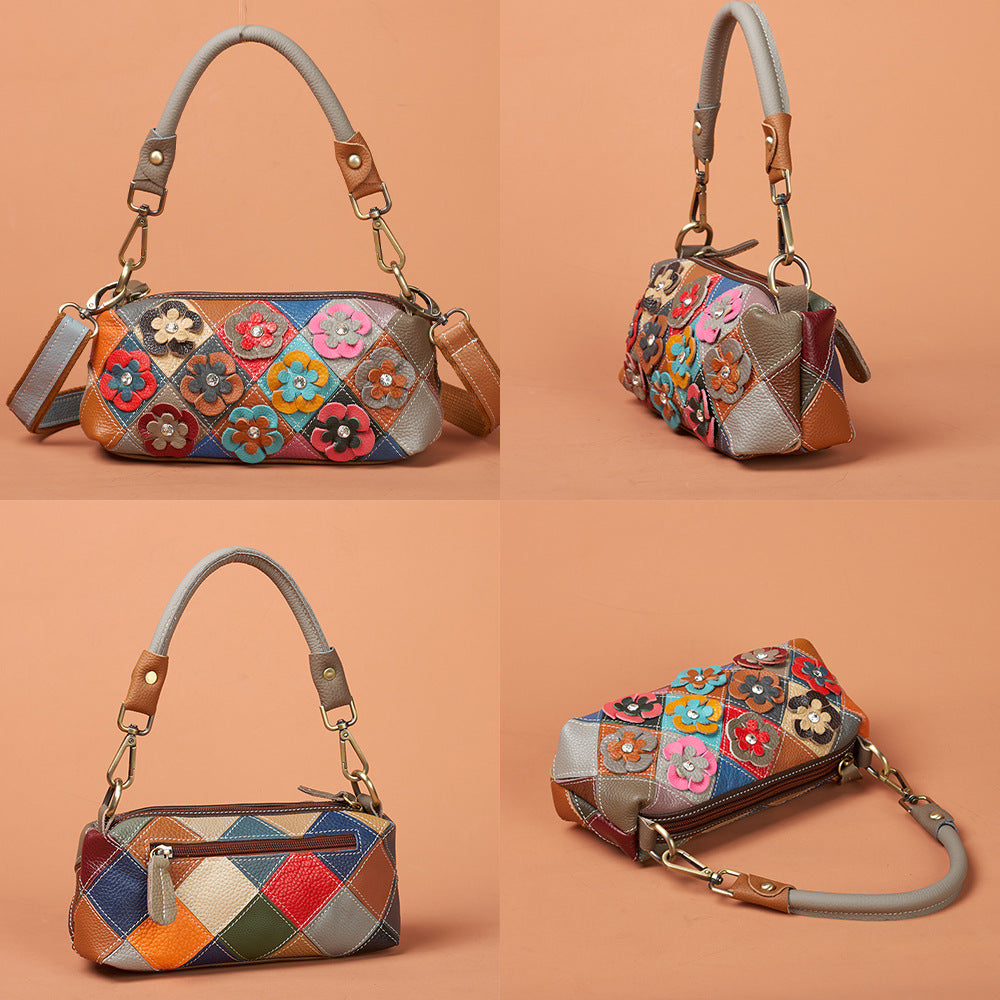 Front and side views of multicolor floral crossbody bag