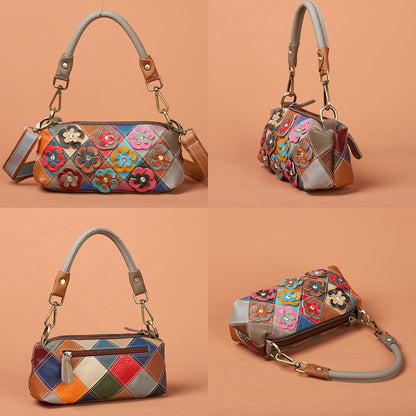 Front and side views of multicolor floral crossbody bag