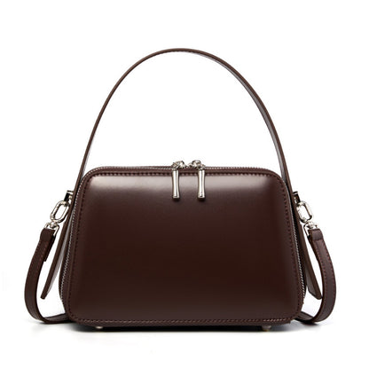 Coffee brown cowhide leather crossbody bag with top handle and silver-tone hardware