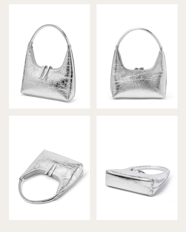 Four-angle product grid of silver mini hobo bag showing front, back, top, and base