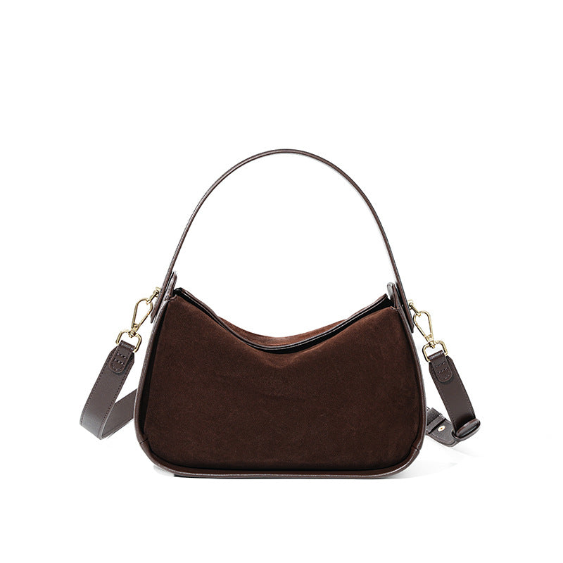 Suede-Finish Cowhide Small Plus Shoulder Bag in Coffee