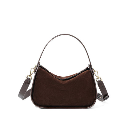 Suede-Finish Cowhide Small Plus Shoulder Bag in Coffee