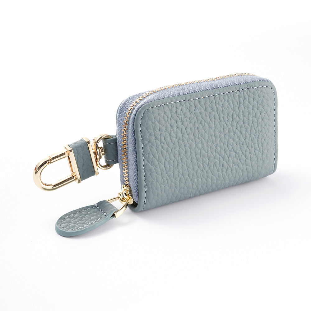 Top-Grain Cowhide Micro Zip Key Pouch Wallet in Linen Blue