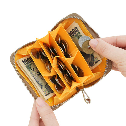 Genuine leather coin purse with orange interior and RFID blocking card slots