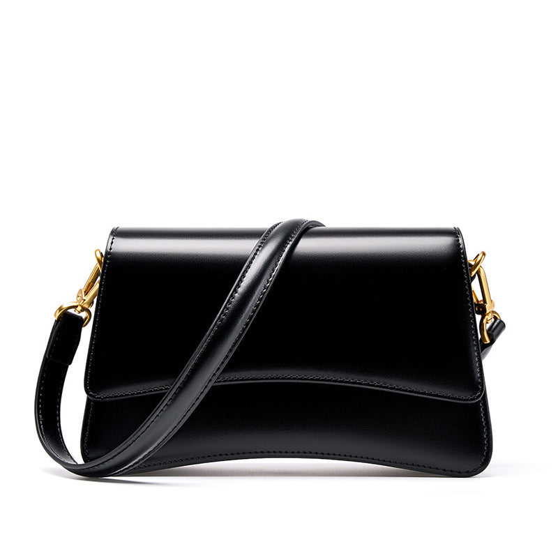 Front view of black cowhide leather mini shoulder bag with flap closure and dual straps on white background