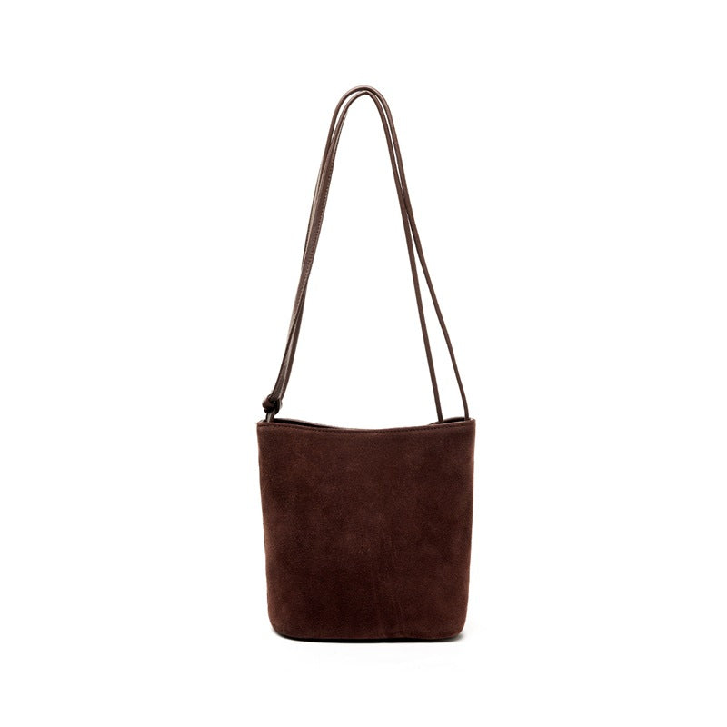 Nubuck Cowhide Bucket Crossbody Bag in Coffee