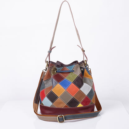 Bottom view showing the base of the cowhide bucket bag