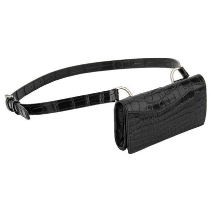 Side view of croc-embossed black belt bag and belt strap