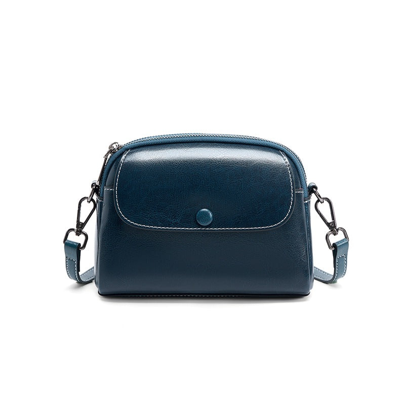 Cowhide Mini Crossbody Bag with Snap Flap, Oil-Waxed Leather in Peacock Blue