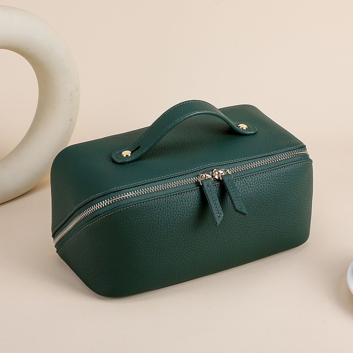 Top-Grain Cowhide Cosmetic Pouch with Double Zippers in Dark Green