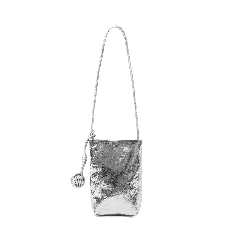 Silver metallic finish mini bucket phone bag with long adjustable shoulder strap